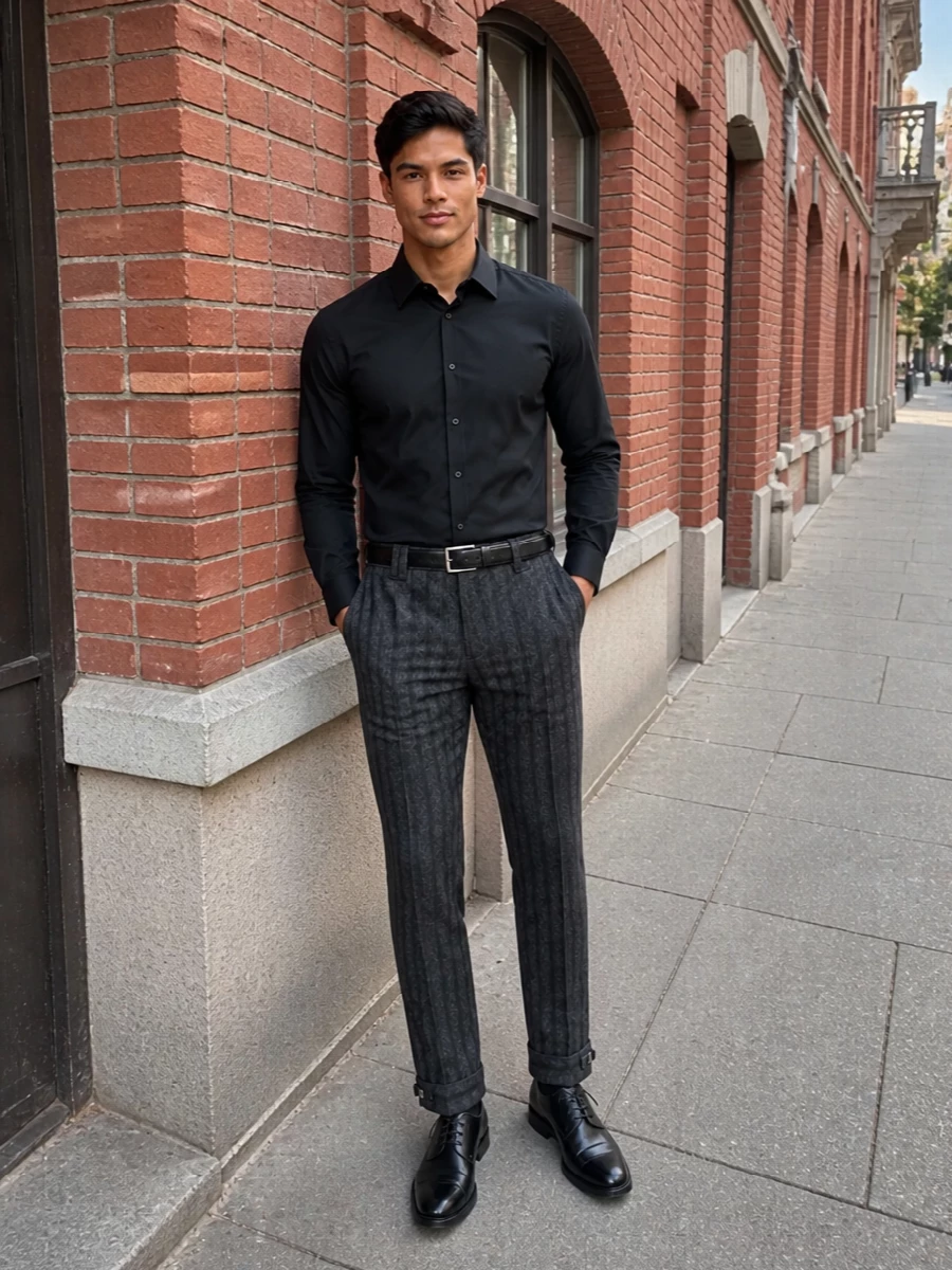 Versace pinstripe trousers black shirt prada derby