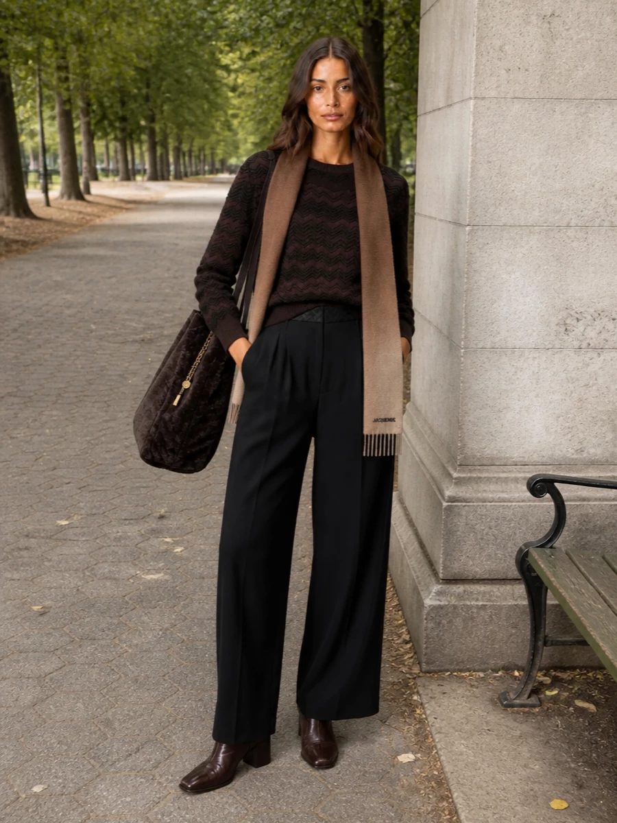 A moody Missoni chevron knit sits over high-rise black wide-leg trousers for a quietly polished, bohemian city ensemble. Deep chocolate and black accessories keep the palette rich and cohesive, while a slim ombré scarf adds just enough softness without breaking the long, elongating line. It is relaxed in feel but sharp enough for desk, gallery or late dinner in equal measure.