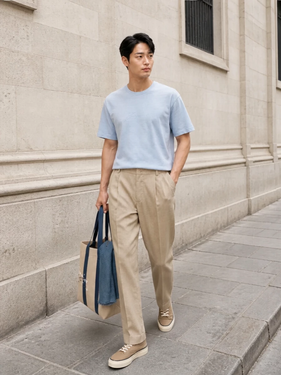 An ice-blue Jacquemus tee sits above sun-bleached sand pleated trousers for a soft, Mediterranean SS silhouette that feels relaxed yet considered. Sand canvas sneakers keep the palette cohesive and easy, while the natural canvas navy-trim tote and dusty-blue scarf subtly echo the blue notes, finishing the look with understated, quiet-luxury polish suitable for city days or coastal weekends.