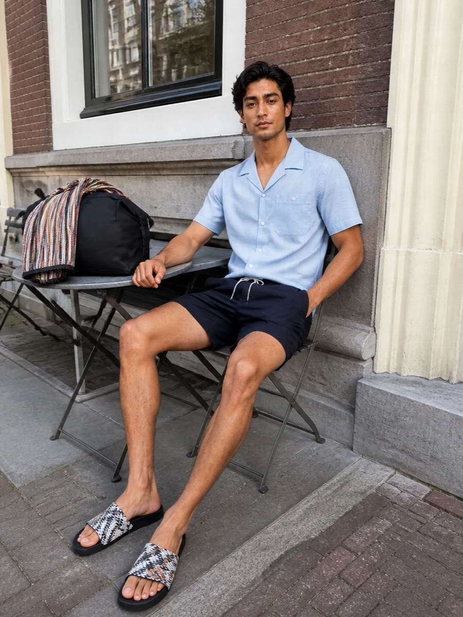 Woolrich swim shorts camp collar shirt slides