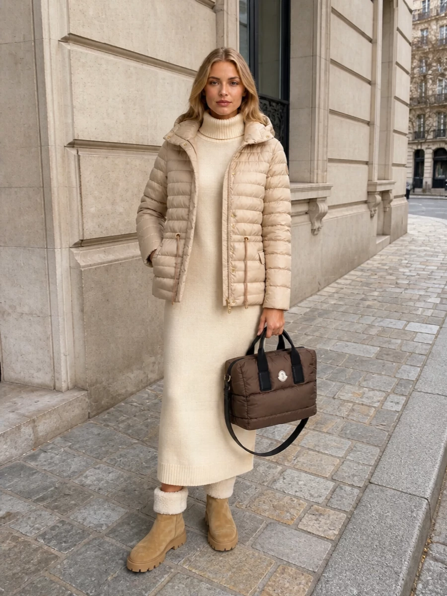Moncler parka jil sander cream knit dress