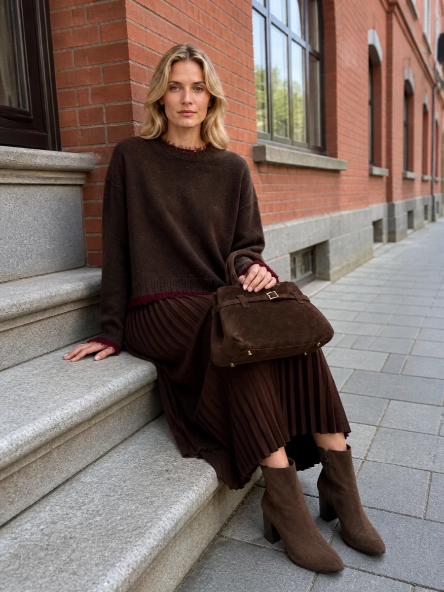 A tonal play of dark chocolate and burgundy keeps the knit center stage, supported by the fluid pleated midi for movement and ease. Suede ankle boots and a structured top‑handle bag stay in the same deep brown register, sharpening the silhouette without breaking the quiet, minimalist palette. The result feels relaxed but considered, ideal for city days when you want warmth, texture and discretion in equal measure.