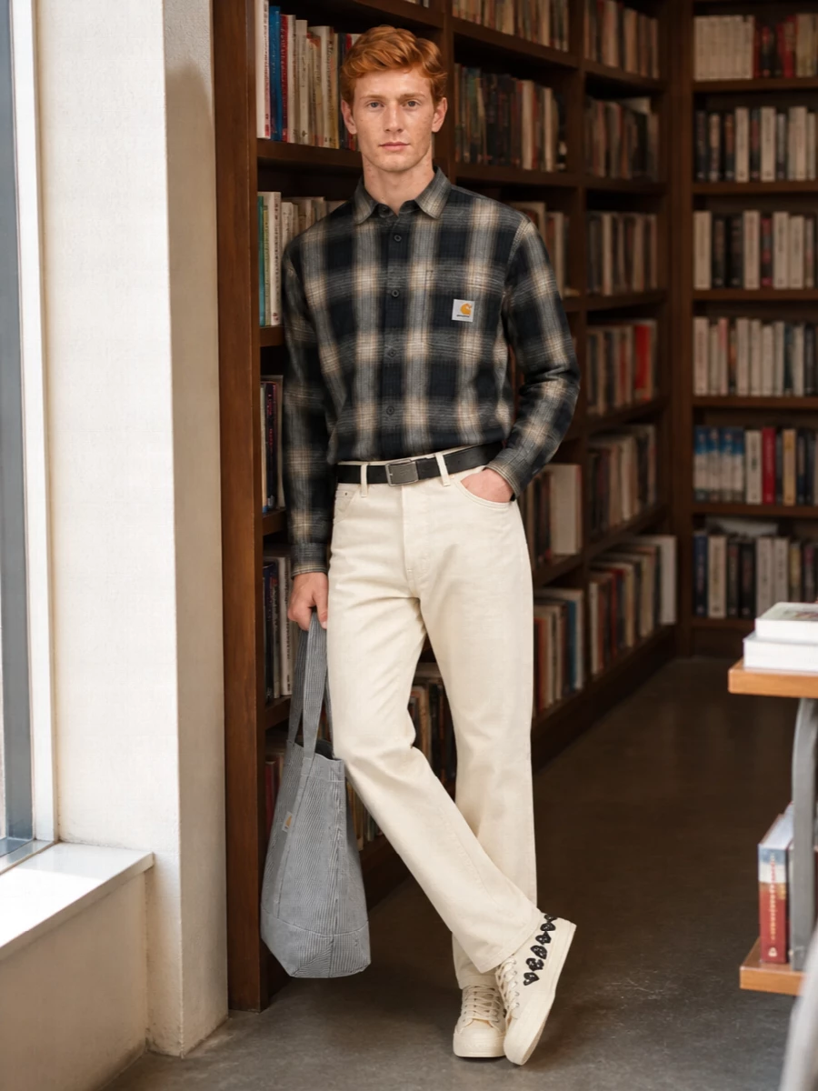 Charcoal check and creamy workwear trousers set up a clean street-prep uniform that feels relaxed but intentional. Cream canvas sneakers and a striped tote keep the palette soft and connected, while a slim black belt sharpens the waistline just enough. It is an easy, city-ready mix of skate energy and neat utility for warm days.