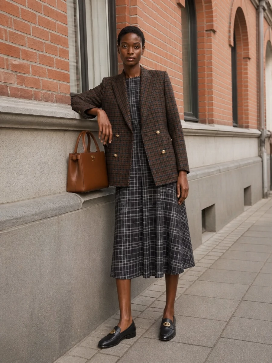 Burberry plaid midi dress outfit loafers bag