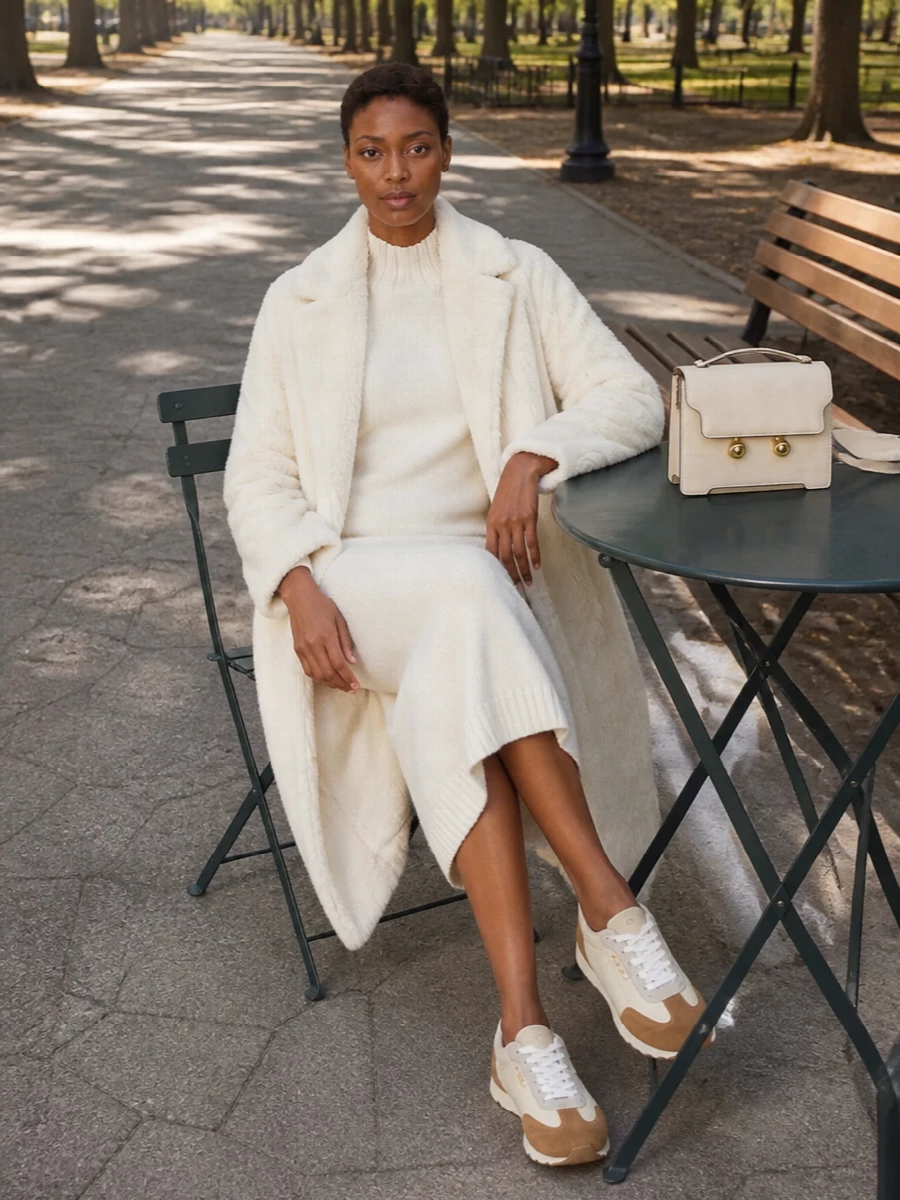 Marni faux fur coat ivory knit dress outfit