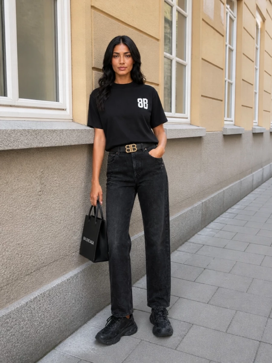 Balenciaga black tshirt washed black jeans outfit