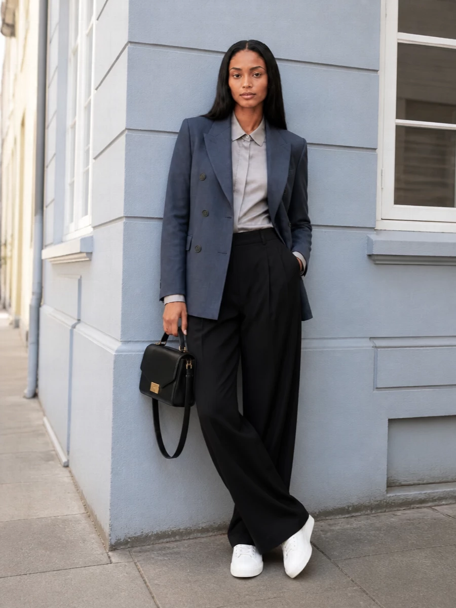 I am building around the blazer as true tailoring, so I am pairing it with a shirt and trouser rather than a dress for a coherent, modern city uniform. Cool-toned layers of slate blue, dove grey, and black create a precise but unfussy palette, with wide-leg trousers giving ease against the blazer’s structure. Clean sneakers and a sharp black bag keep it quietly luxurious, ideal for days that move from serious meetings to low-key dinners without an outfit change.