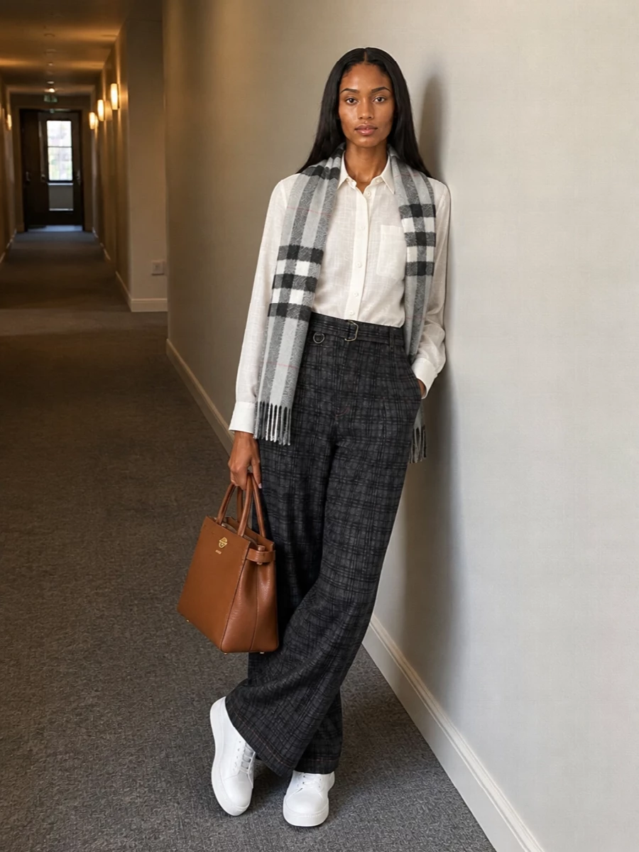 A sheer ivory check shirt is grounded with high-rise charcoal wide-leg trousers for a quiet, tailored statement that still feels relaxed. Clean white sneakers keep the mood modern and unfussy, while the cognac top-handle and soft grey scarf introduce just enough warmth and texture for city days that move from desk to dinner. The result is quietly composed, pattern-aware dressing that still reads light and easy on the body.