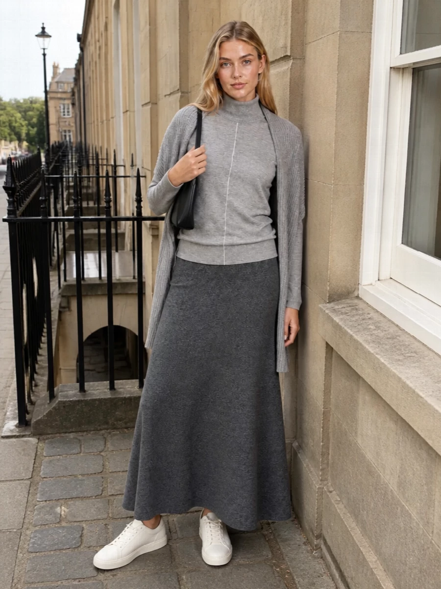 Calvin klein grey turtleneck knit maxi outfit