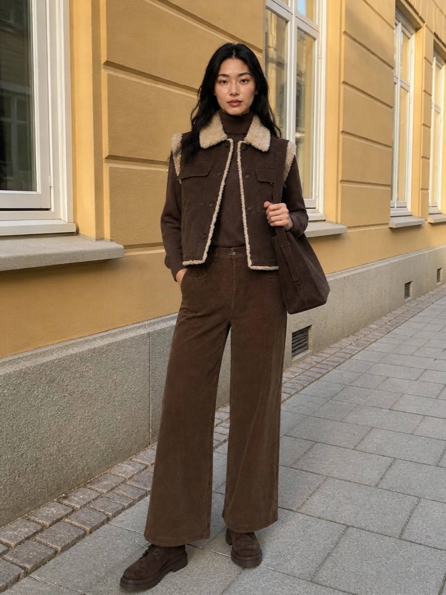 Brunello cucinelli shearling gilet wide leg trousers