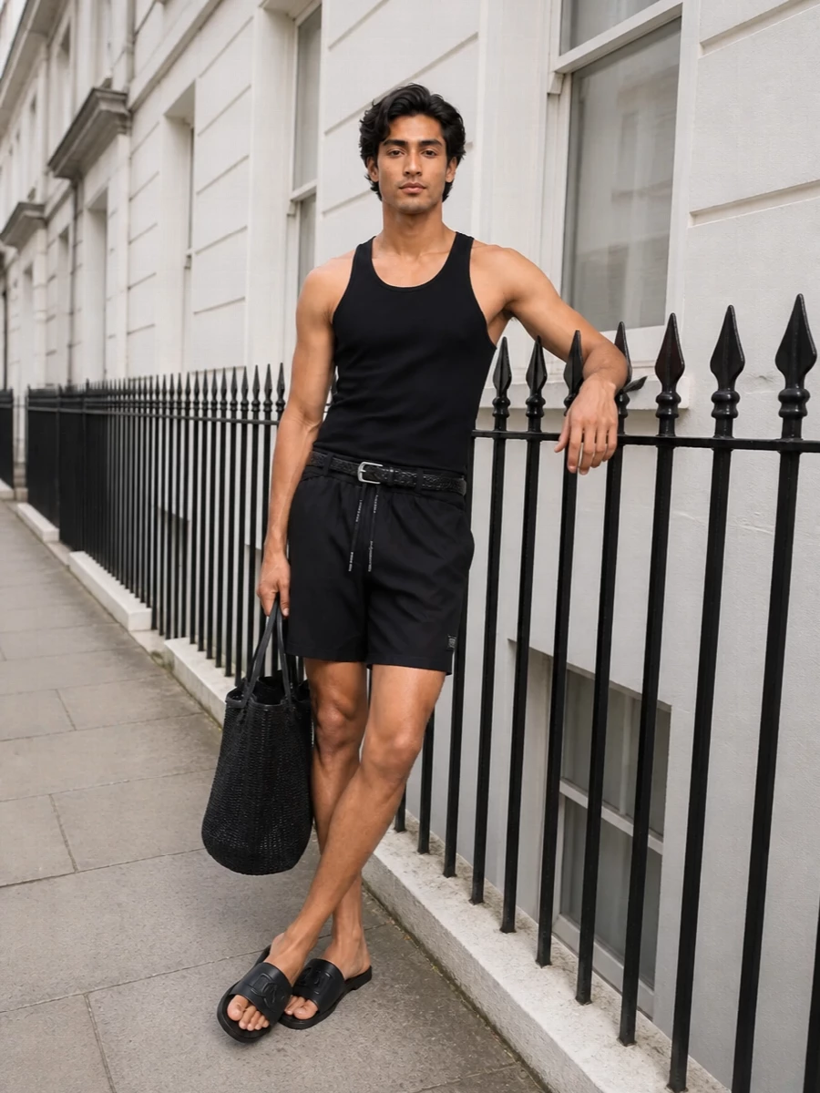 Dolce gabbana black tank and swim shorts outfit