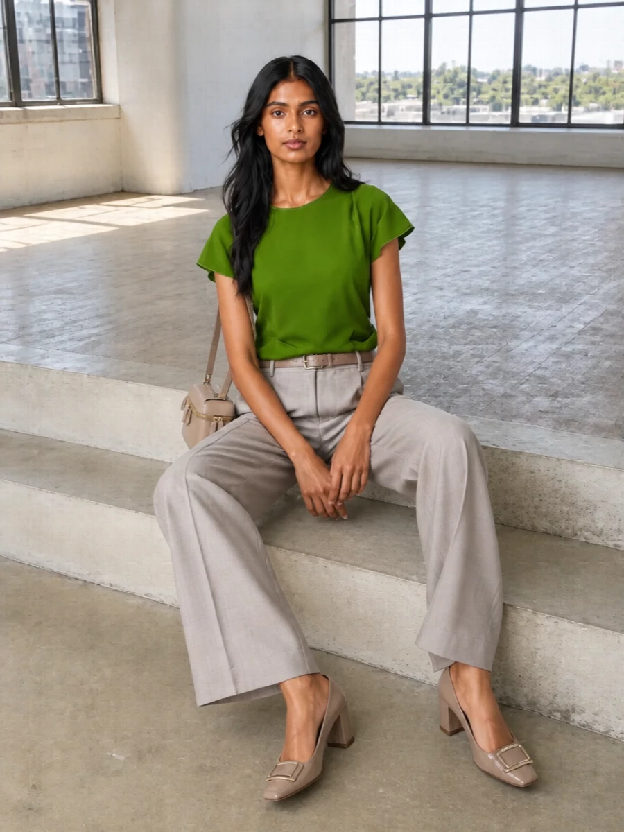 Victoria beckham green blouse taupe wide leg trousers
