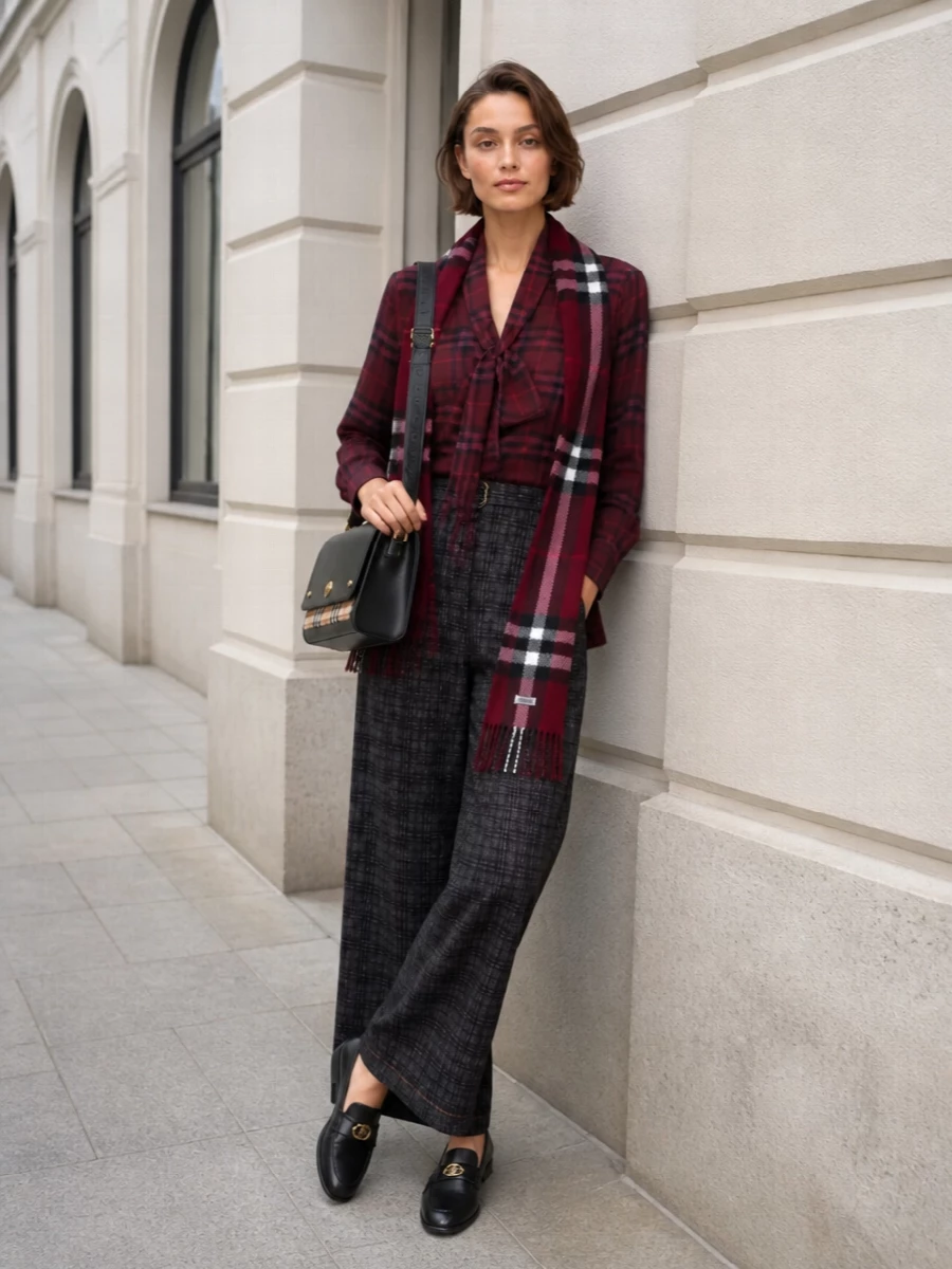 Burberry burgundy bow blouse charcoal wide leg trouser