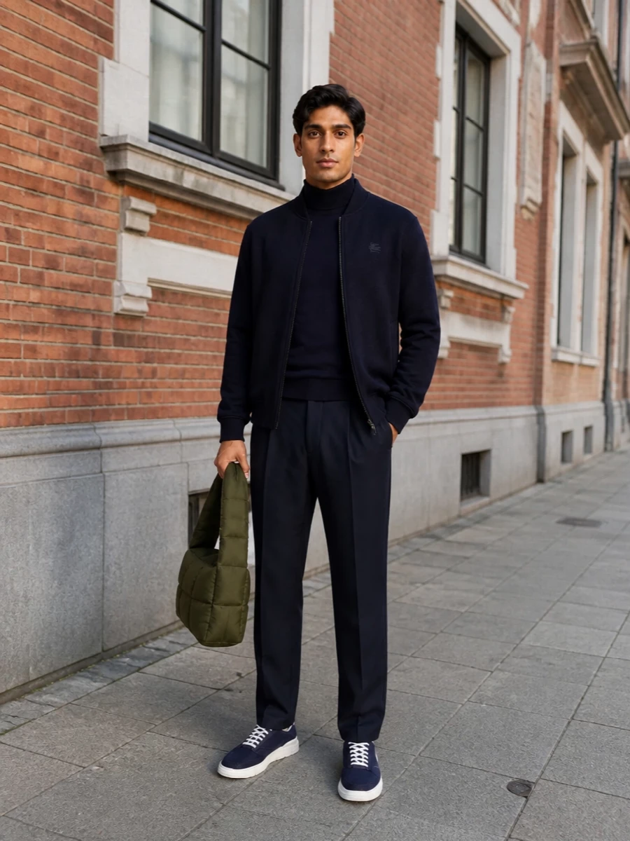 Etro navy bomber turtleneck trousers outfit