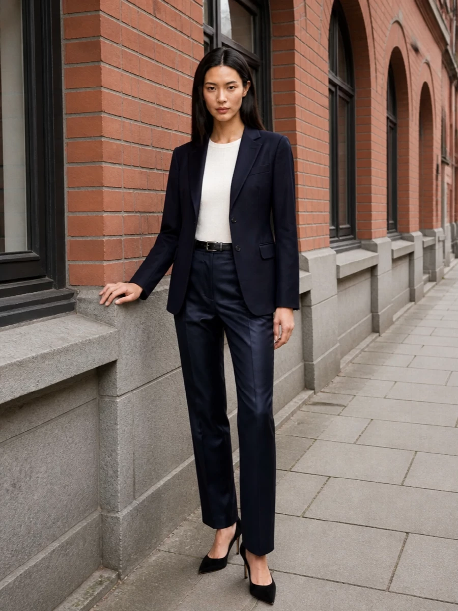 Alberta ferretti navy satin trousers blazer outfit