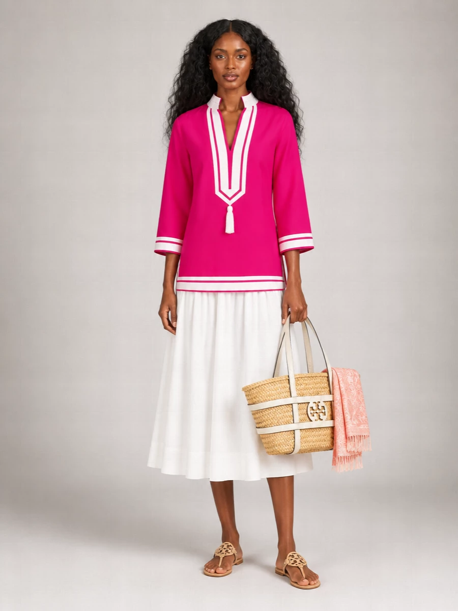 Tory Burch Cotton Long-Sleeve V-Neck Tunic Dress