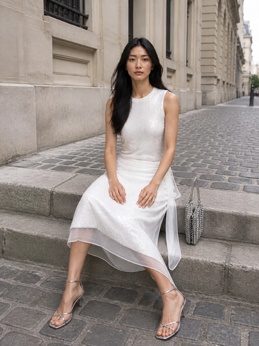 A monochrome sequin story in soft white turns the tank into a full column of light, with the asymmetric midi adding gentle movement and a romantic edge. Silver strappy heels and a sleek chainmail shoulder bag keep the mood polished and modern, letting texture and shine do all the work. The subtle ivory wrap is there for when the evening air cools, adding one last veil of shimmer without breaking the purity of the palette.