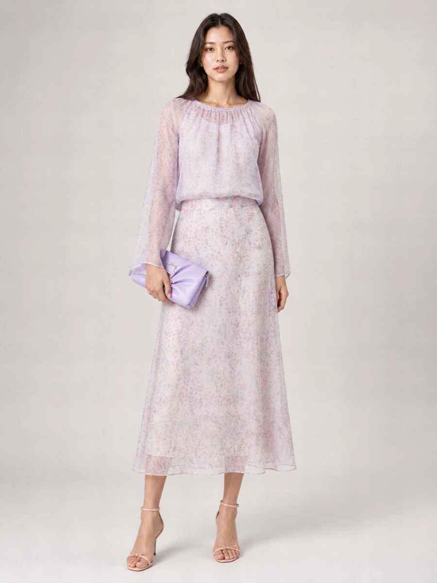 Alberta Ferretti Silk Floral-Print Gathered Boat Neck Long-Sleeve Blouse