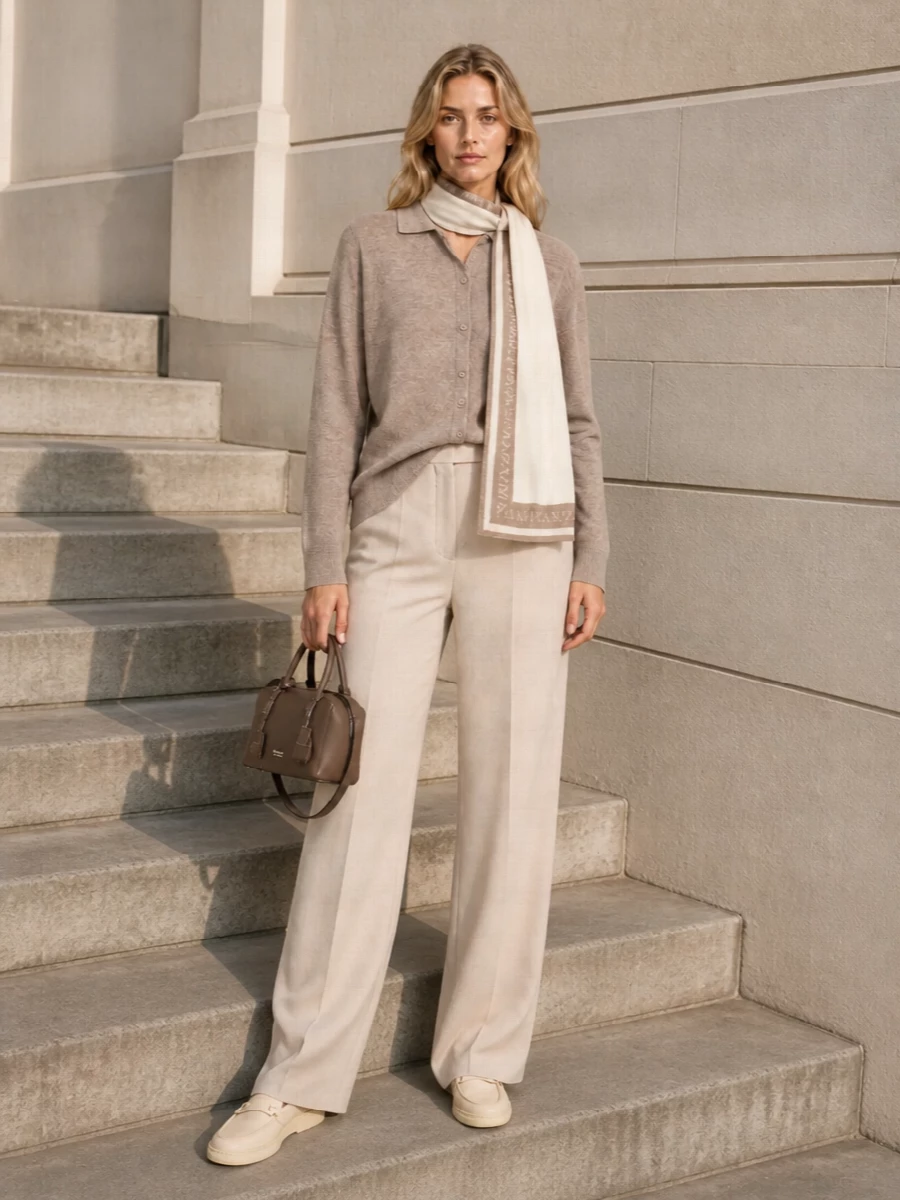 A collared taupe cardigan is paired with light beige wide-leg trousers for a long, calm column in layered neutrals. Butter-beige loafers and a structured taupe mini bag keep the mood quietly polished. The ivory and taupe scarf adds a soft, tonal accent that links the pieces without disturbing the clean lines.
