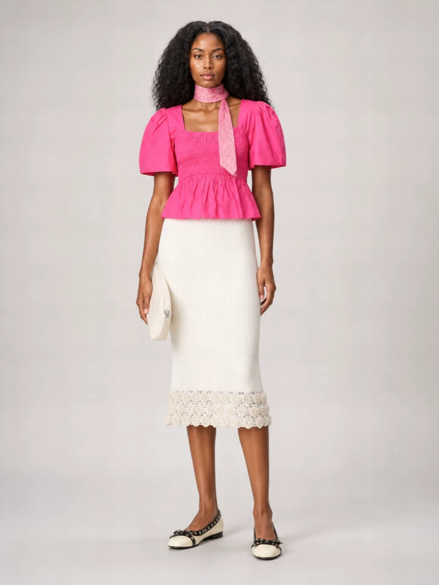 Ganni Smocked Cotton Top Peplum Hem