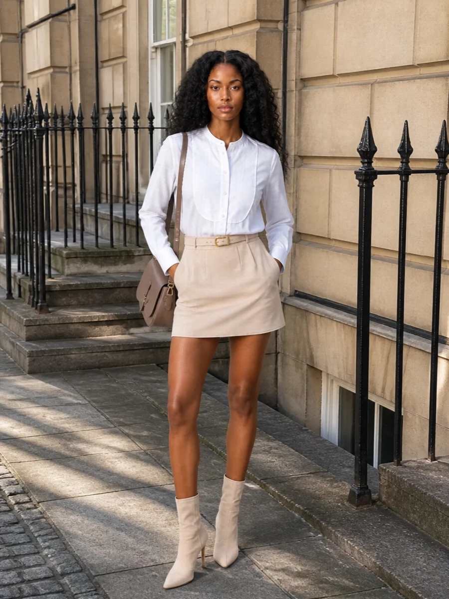 Semicouture beige mini skirt white shirt boots