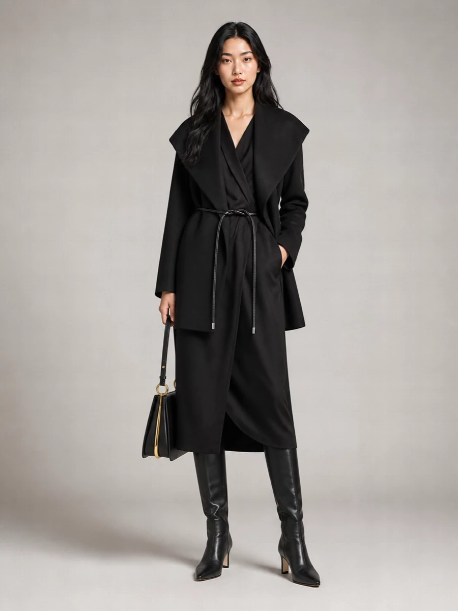 I am anchoring this with the dress route, using S Max Mara’s fluid black wrap midi to echo the coat’s wrap belt and maintain a single, elongated column under the sculptural outer layer. Fabiana Filippi’s sleek knee-high boots keep the leg uninterrupted and formal without competing with the coat, while the structured Paco Rabanne bag adds a precise graphic note that still feels quiet. The result is a minimalist, evening-ready ensemble that is all about line, movement and a controlled black-on-black palette rather than visible branding or ornament.