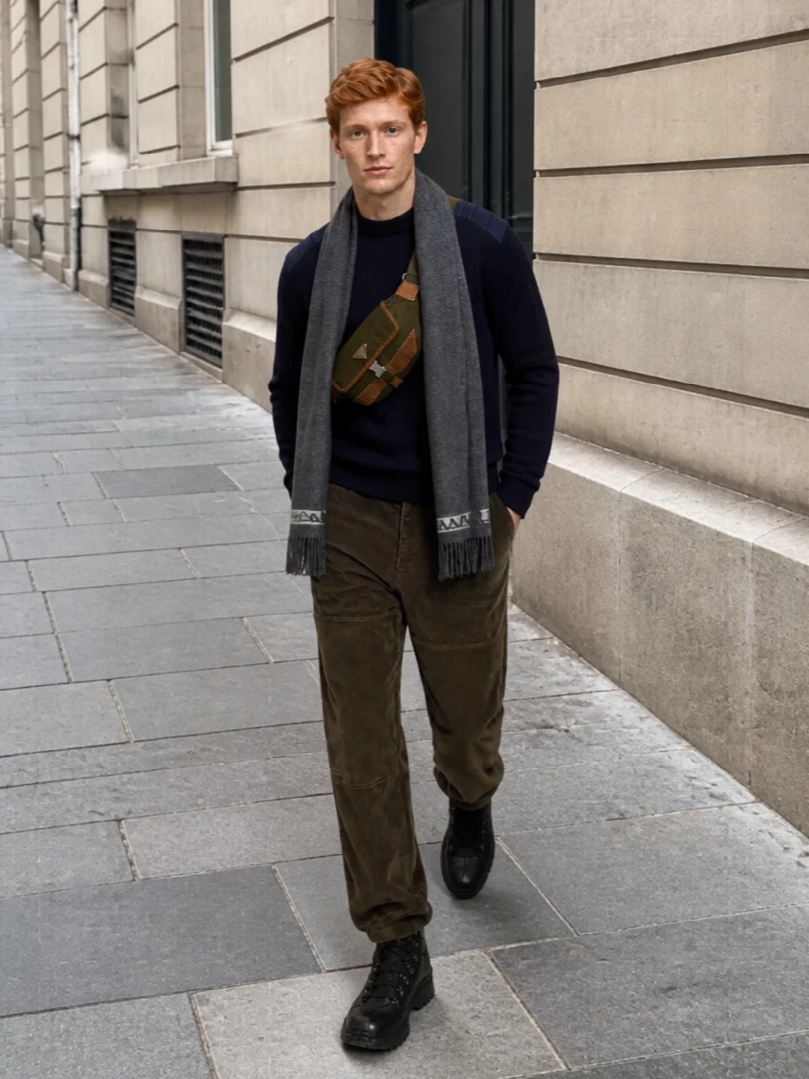Loose olive cord cargos are paired with a dark-navy technical Moncler Grenoble crew, creating a low-key alpine city uniform in deep, tonal shades. Prada’s black hiker boots and olive belt crossbody sharpen the silhouette with rugged, luxe hardware, while the charcoal Prada scarf finishes the look with understated winter polish and continuity of texture around the face.
