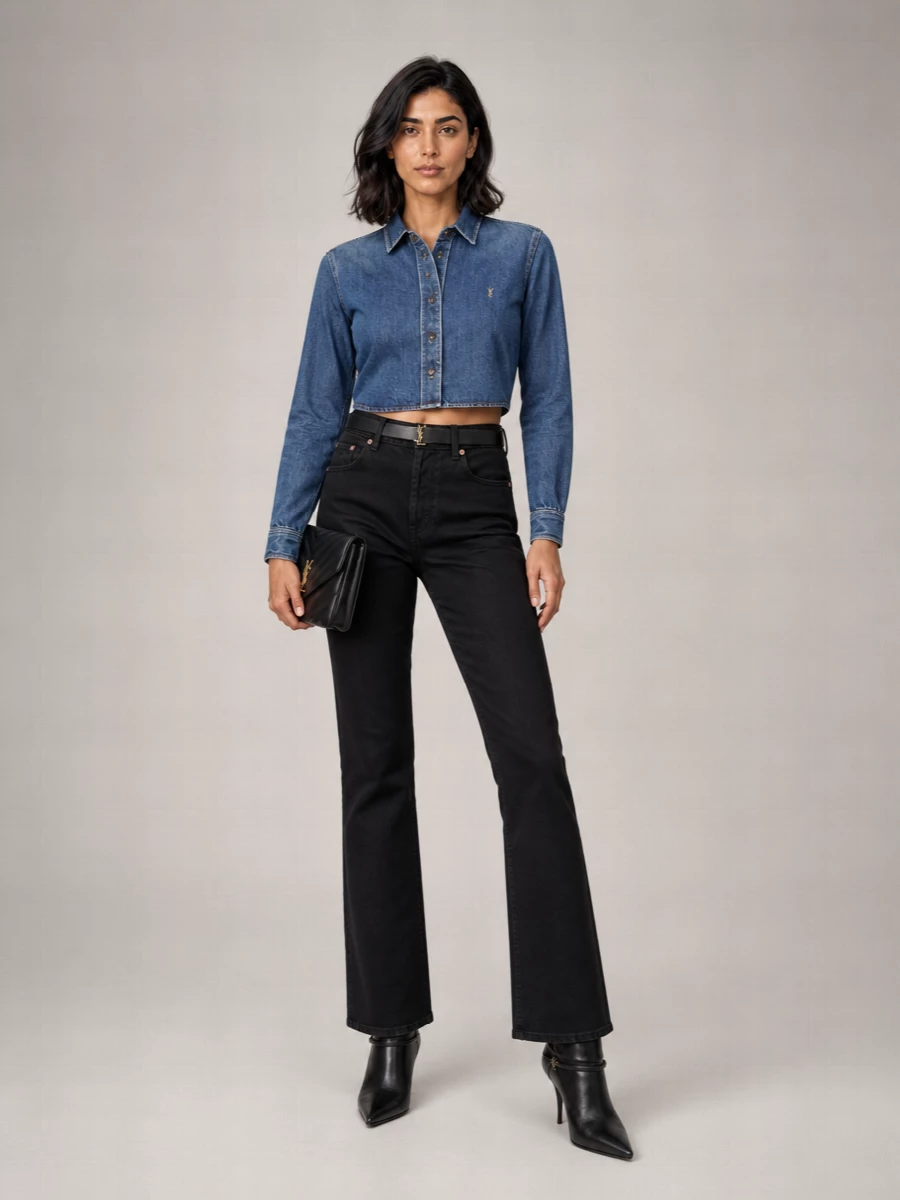 Cropped indigo denim meets washed black flares for a clean, waist‑focused line that feels quietly confident and distinctly Parisian. Sharp black boots and a structured YSL bag carry the mood into evening without losing ease. A slim gold‑buckle belt sharpens the high rise so everything reads considered rather than casual.