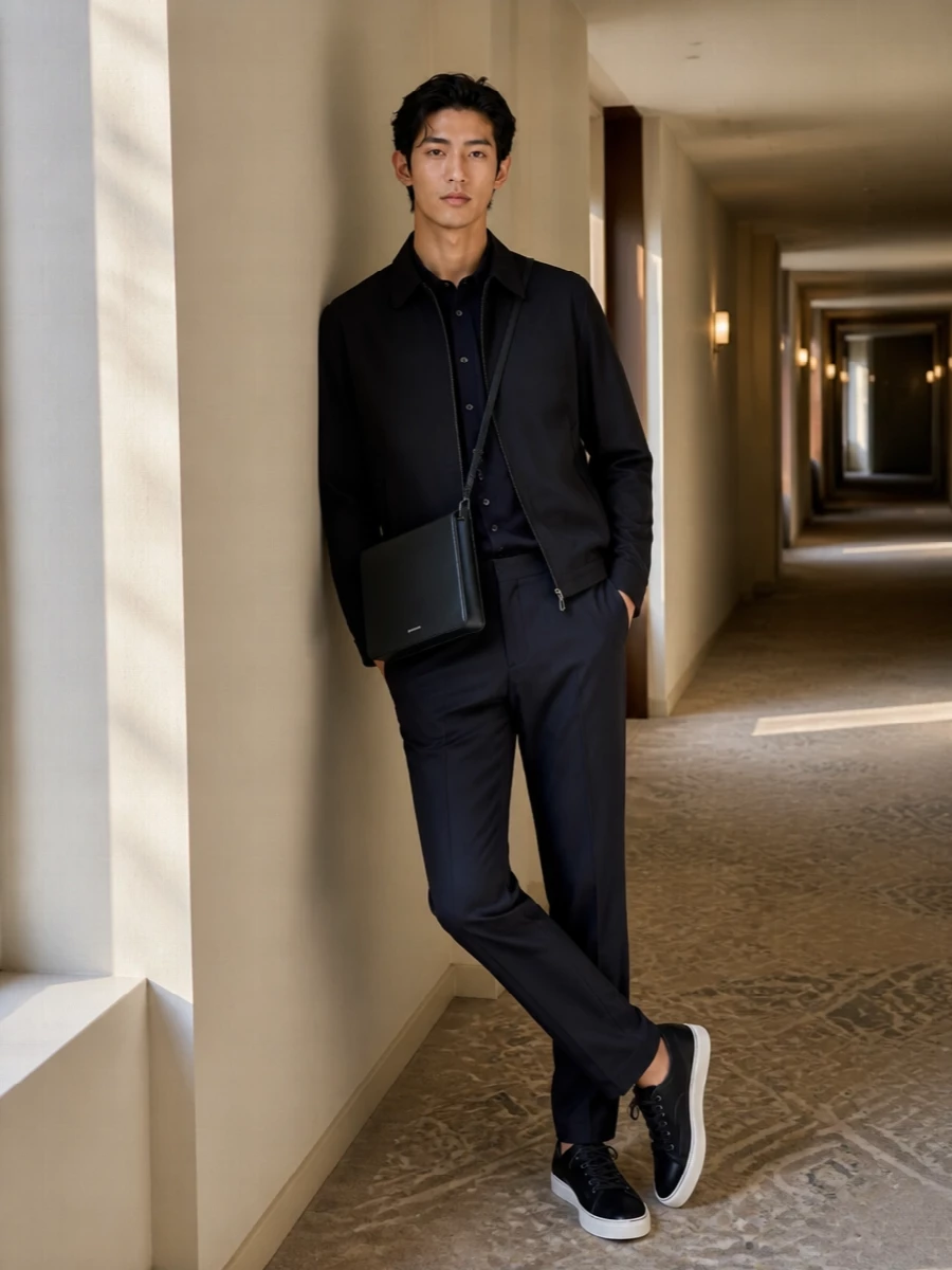 Herno navy jacket tailored trousers outfit
