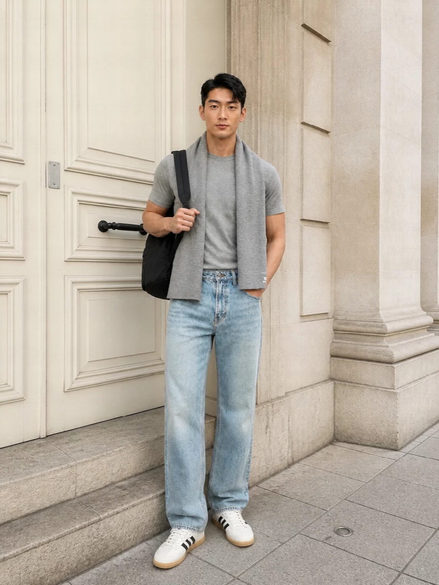 Heathered greys and pale denim keep this Entire Studios tee in a calm, minimal space, with the wide-leg jeans adding that relaxed 90s straight-line energy. Cream and black terrace sneakers sharpen the base, while a clean black daypack and soft grey scarf keep the whole mix practical but quietly considered for city days.