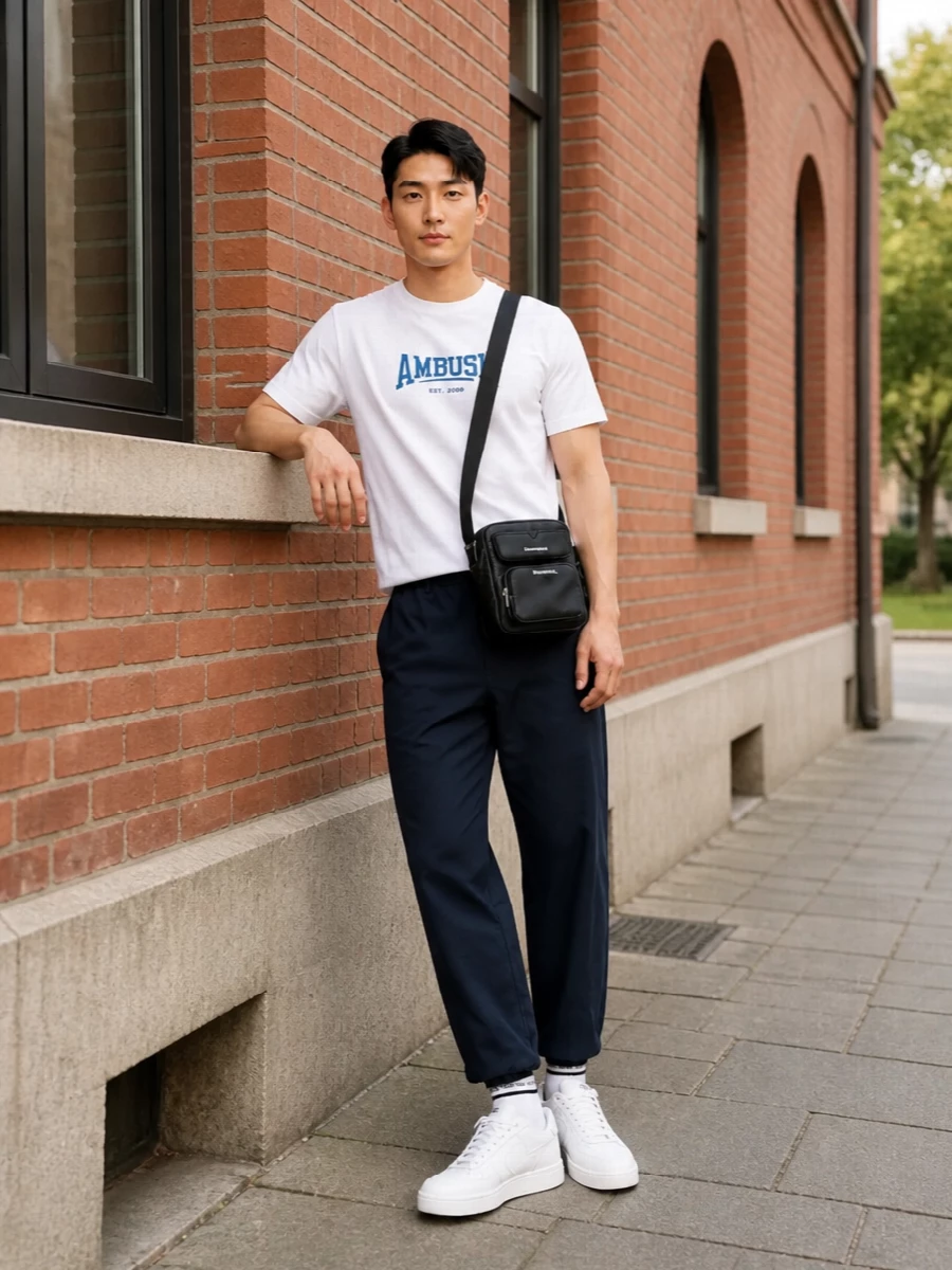 A clean white Ambush tee meets deep navy straight trousers for a minimalist street uniform that feels intentional but easy. Crisp white court sneakers keep the line fresh, while a compact black crossbody and striped sport socks add just enough detail for all-day city movement.
