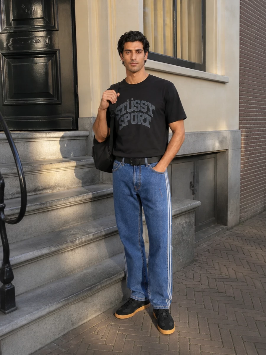 Stussy tee adidas stripe jeans adidas sneakers