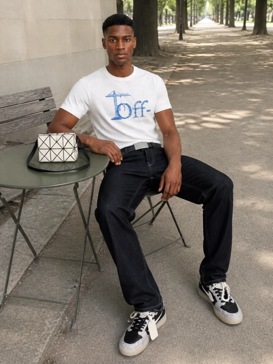 Off white tee dark denim streetwear outfit