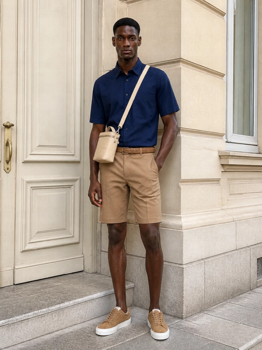 Givenchy navy shirt camel shorts outfit