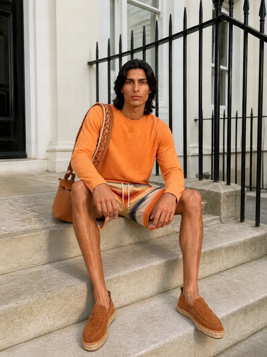 Loewe orange shorts espadrille outfit