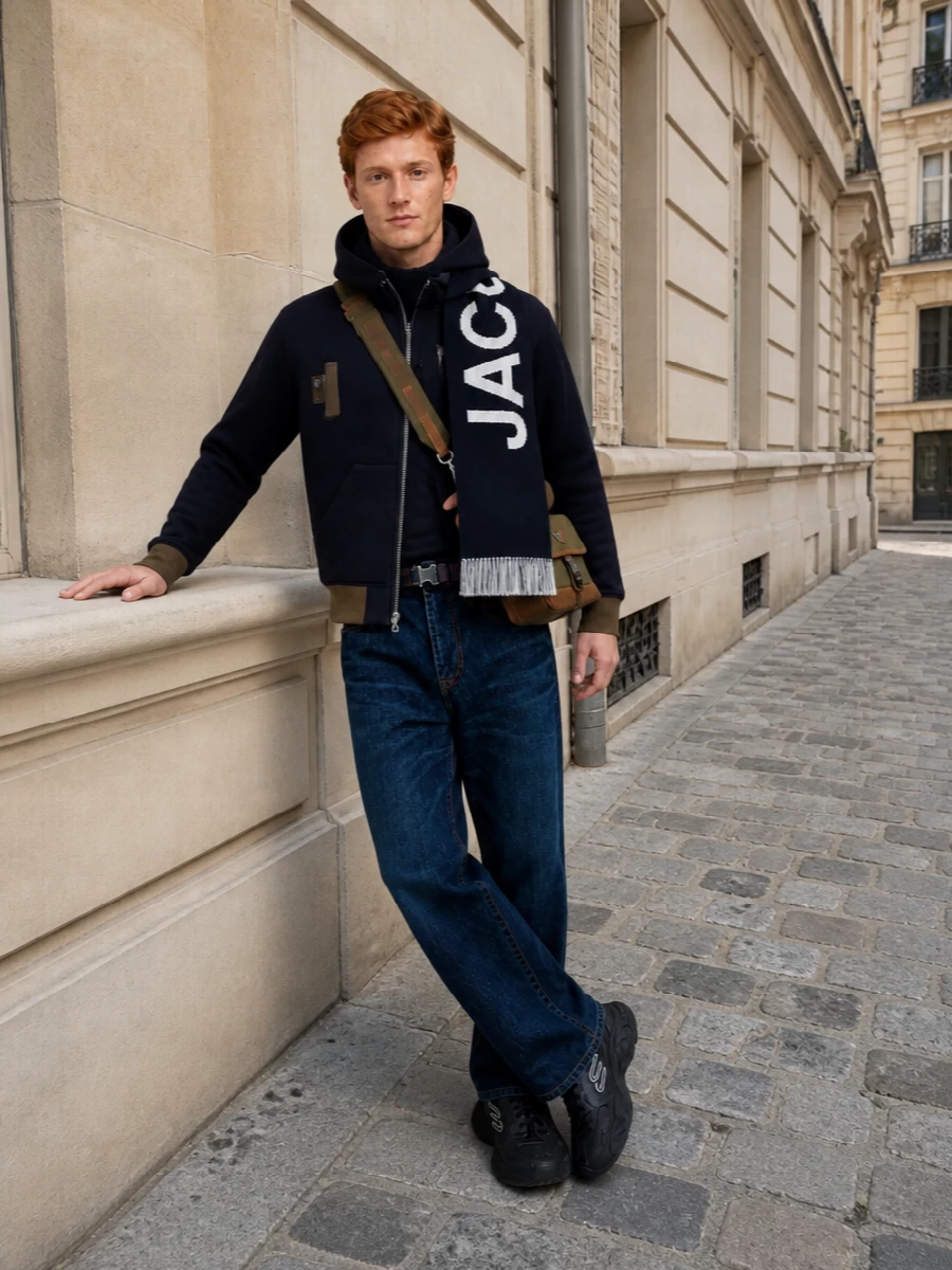 Navy and olive stay tight and utilitarian here, with straight-cut Sacai denim keeping the line clean under the structured, high-neck hoodie. Black Balenciaga runners ground everything with technical weight, while the olive Prada crossbody quietly echoes the military accents for a pulled-together city uniform. A bold navy scarf at the neck adds just enough graphic energy without breaking the palette.