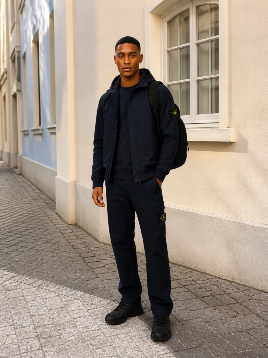 Stone island navy jacket cargo pants salomon