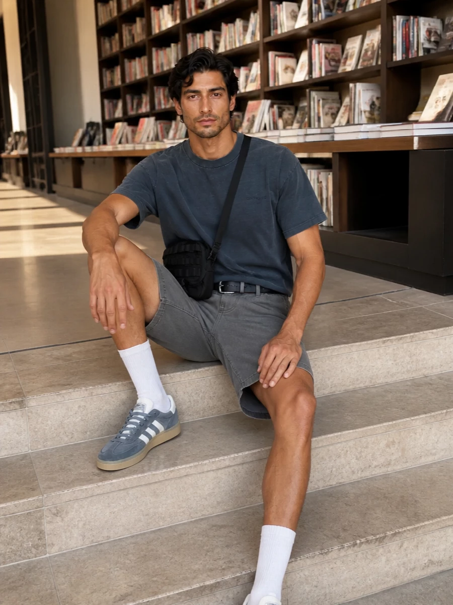 Washed greys and slate tones keep this Carhartt WIP outfit tight and unfussy, built around a skate-leaning tee and utility short. Low-profile terrace sneakers and a compact crossbody keep it agile for the city, while the clean black belt adds a hint of structure without disturbing the relaxed lines.