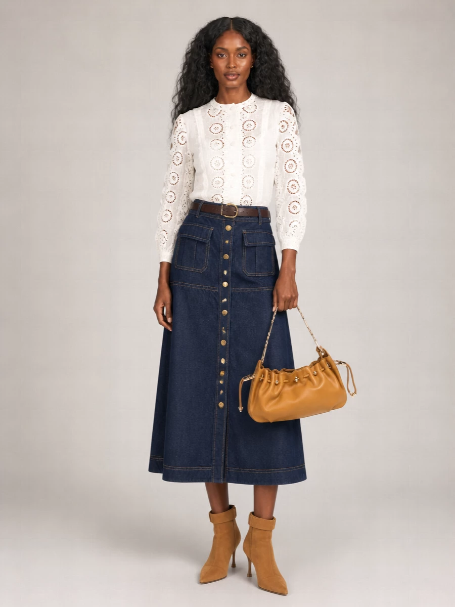 Zimmermann Denim High-Rise A-Line Midi Skirt