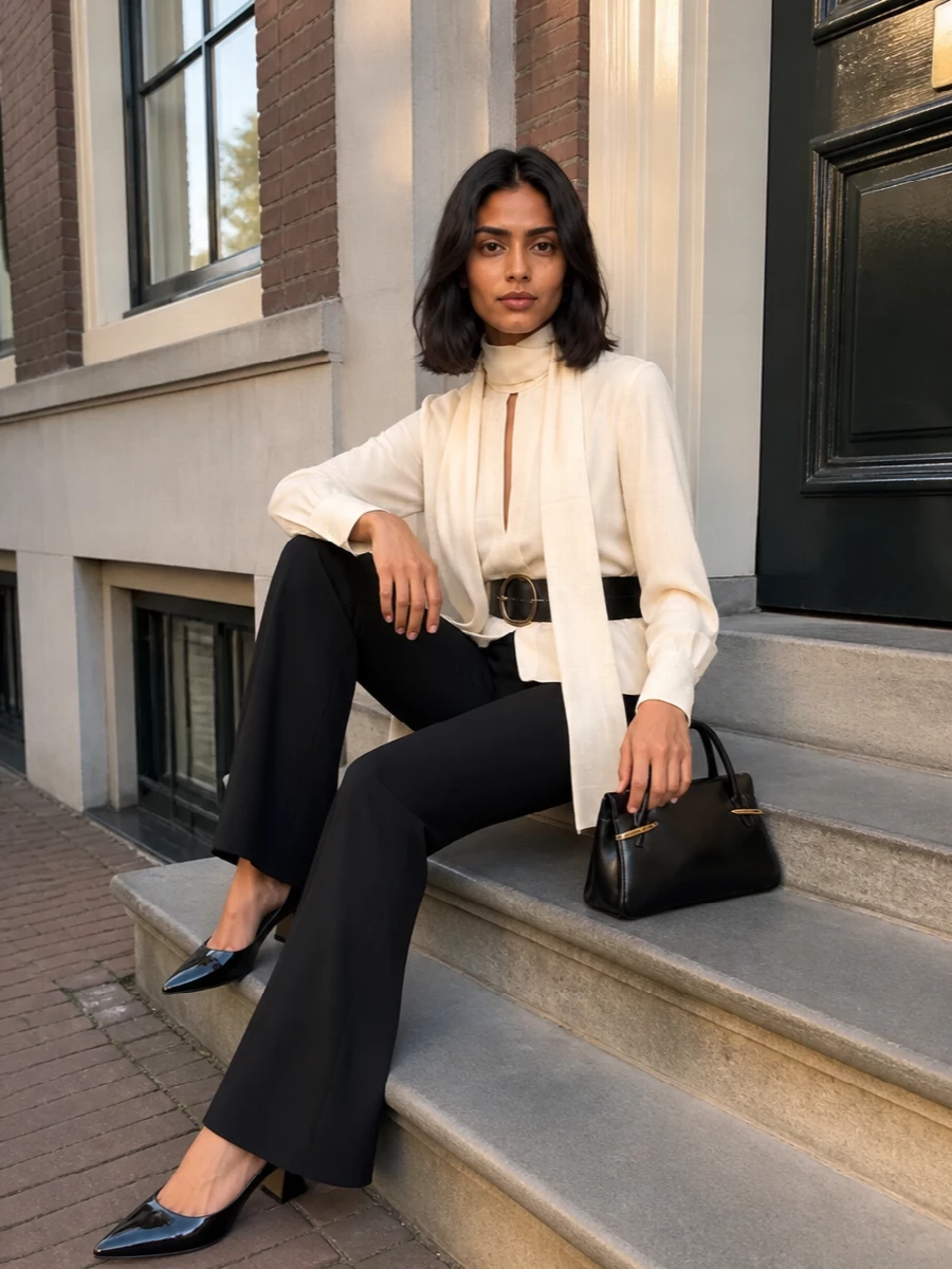 Givenchy flared trousers cream scarf blouse outfit