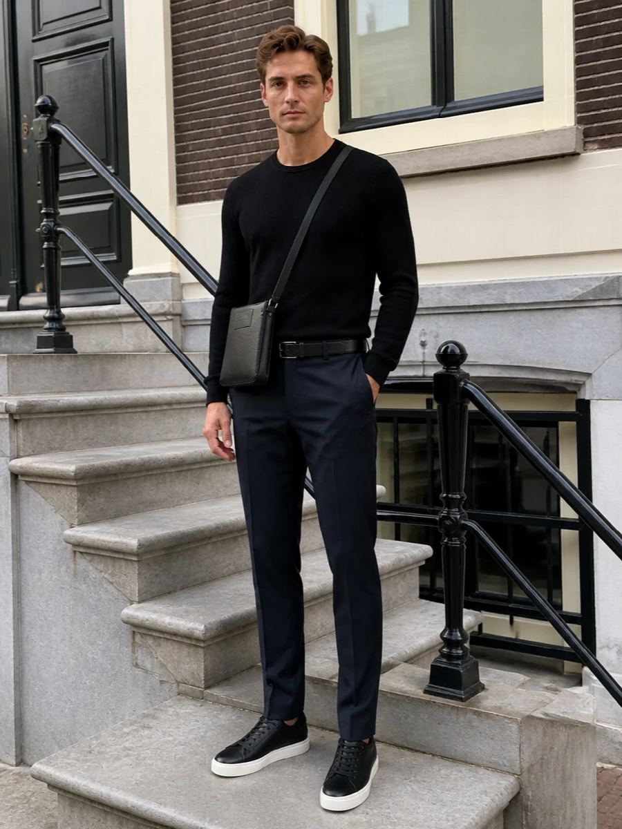 Emporio armani black knit navy trousers outfit