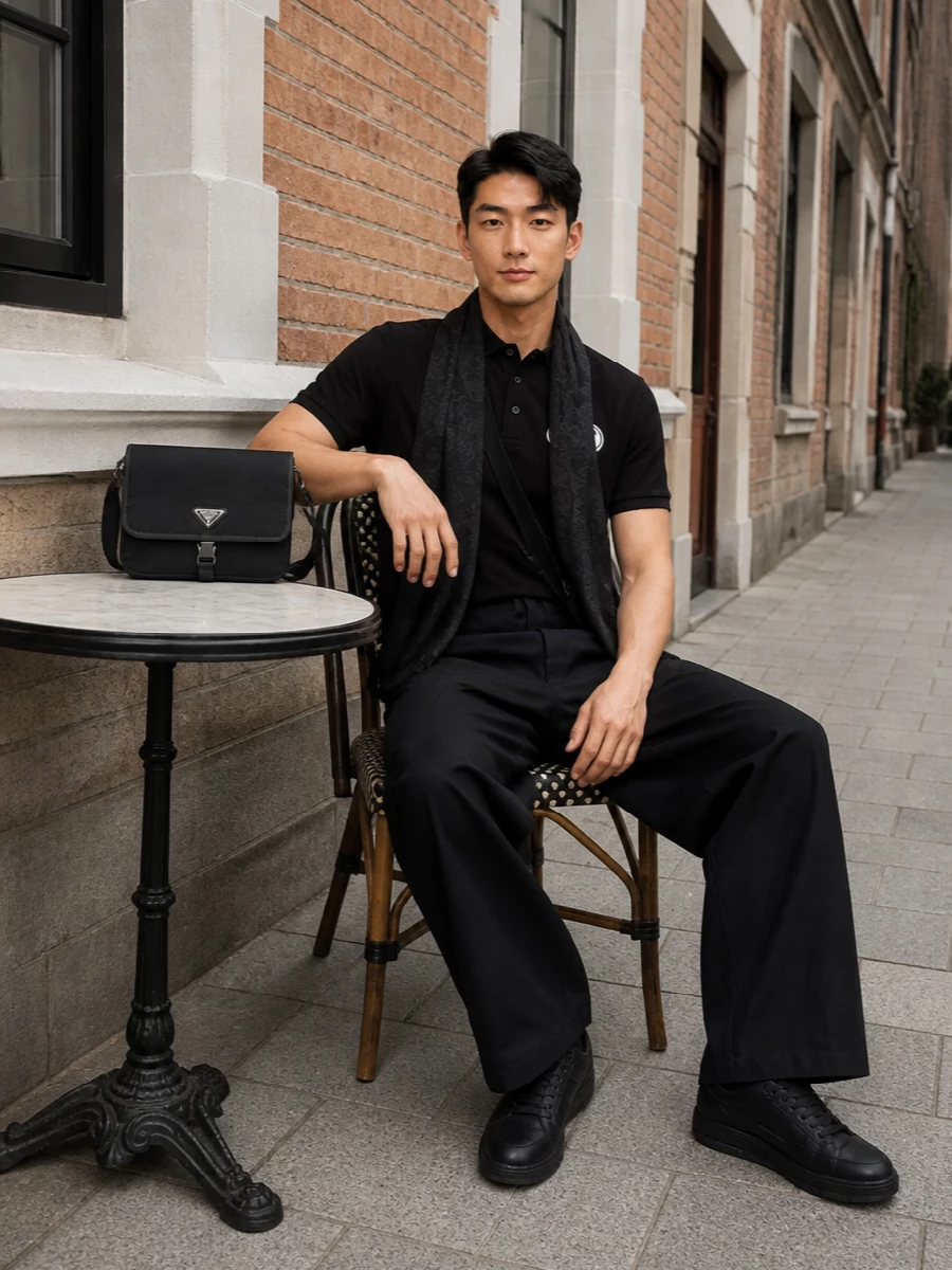 Palm angels black polo wide leg trousers outfit