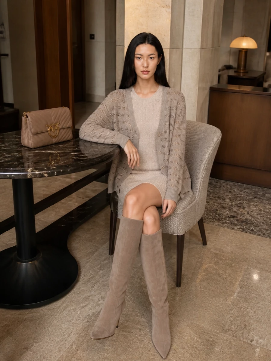 Fabiana filippi taupe cardigan knit dress outfit