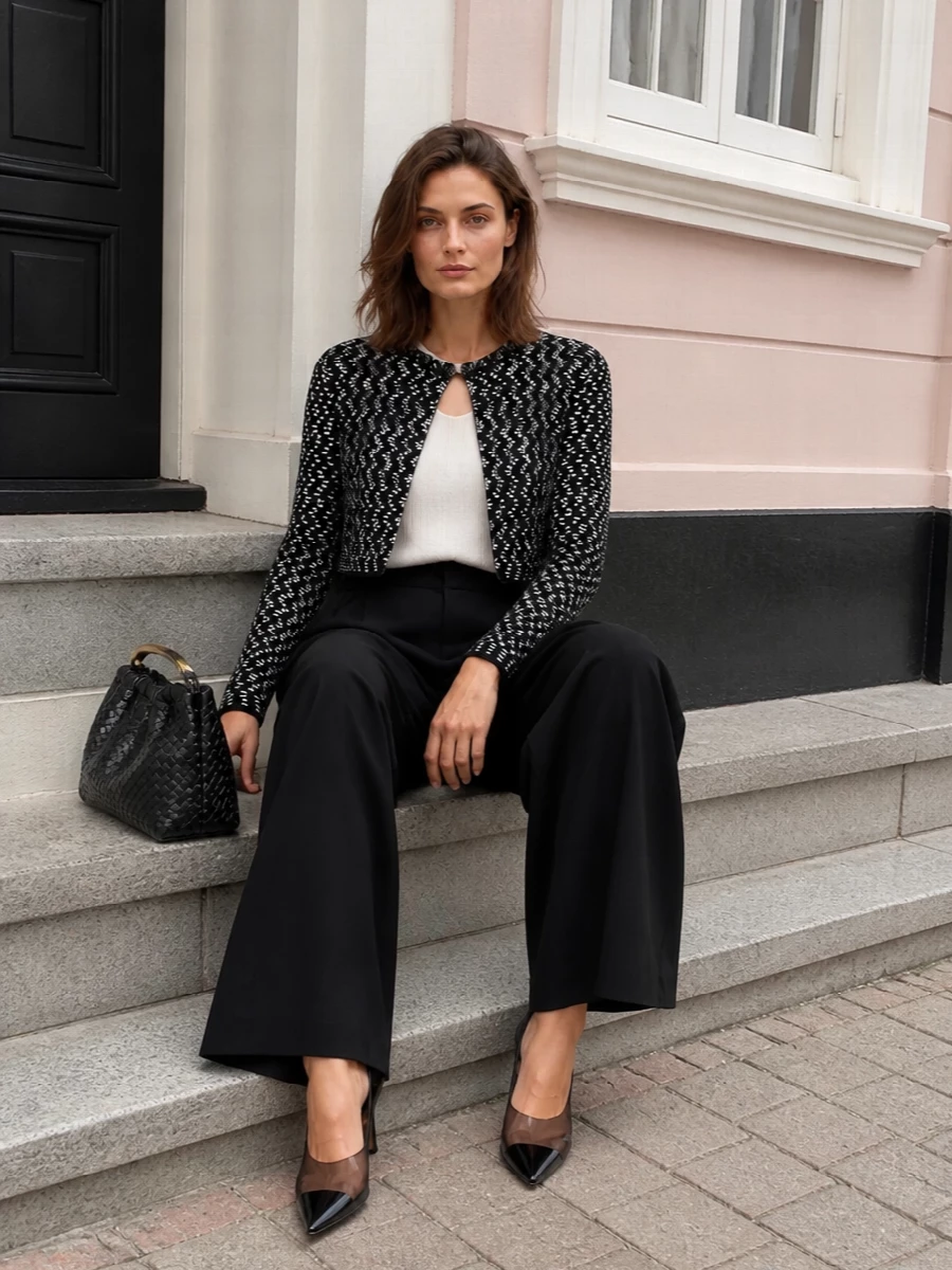 Missoni bolero black wide leg trousers outfit