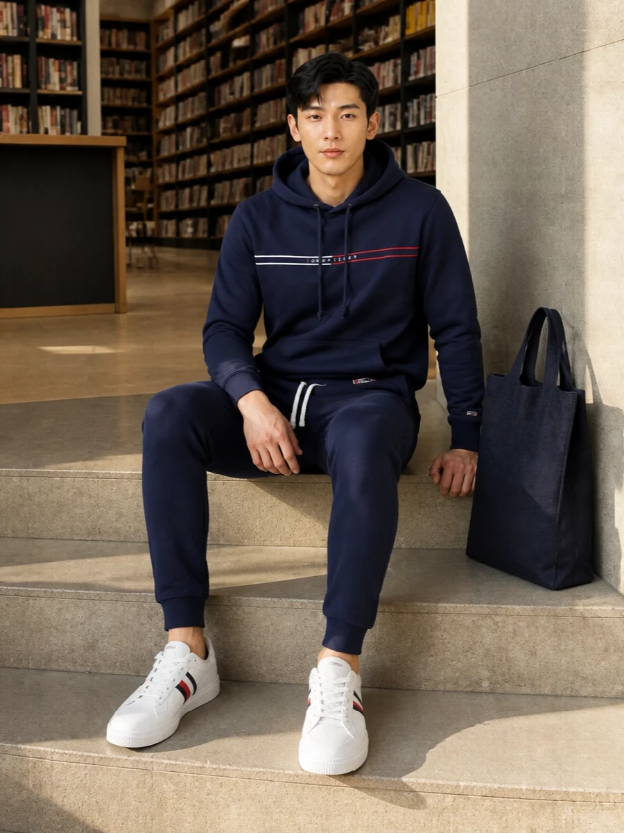 Tommy hilfiger navy hoodie joggers outfit