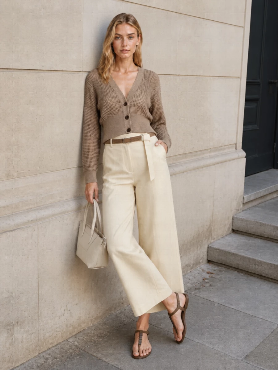 A luminous taupe open-knit cardigan is grounded with high-waisted buttercream wide-leg crops for a soft, elongated silhouette that feels polished yet effortless. Beaded taupe thong sandals and a buttercream mini tote keep the palette sunlit and minimal, while a slender bronze belt quietly echoes the knit’s shimmer and refines the waist for an elevated SS day-to-evening look.