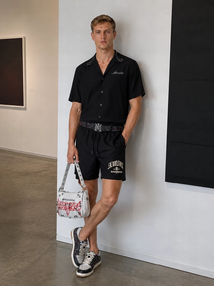 Amiri crystal camp shirt black deck shorts outfit