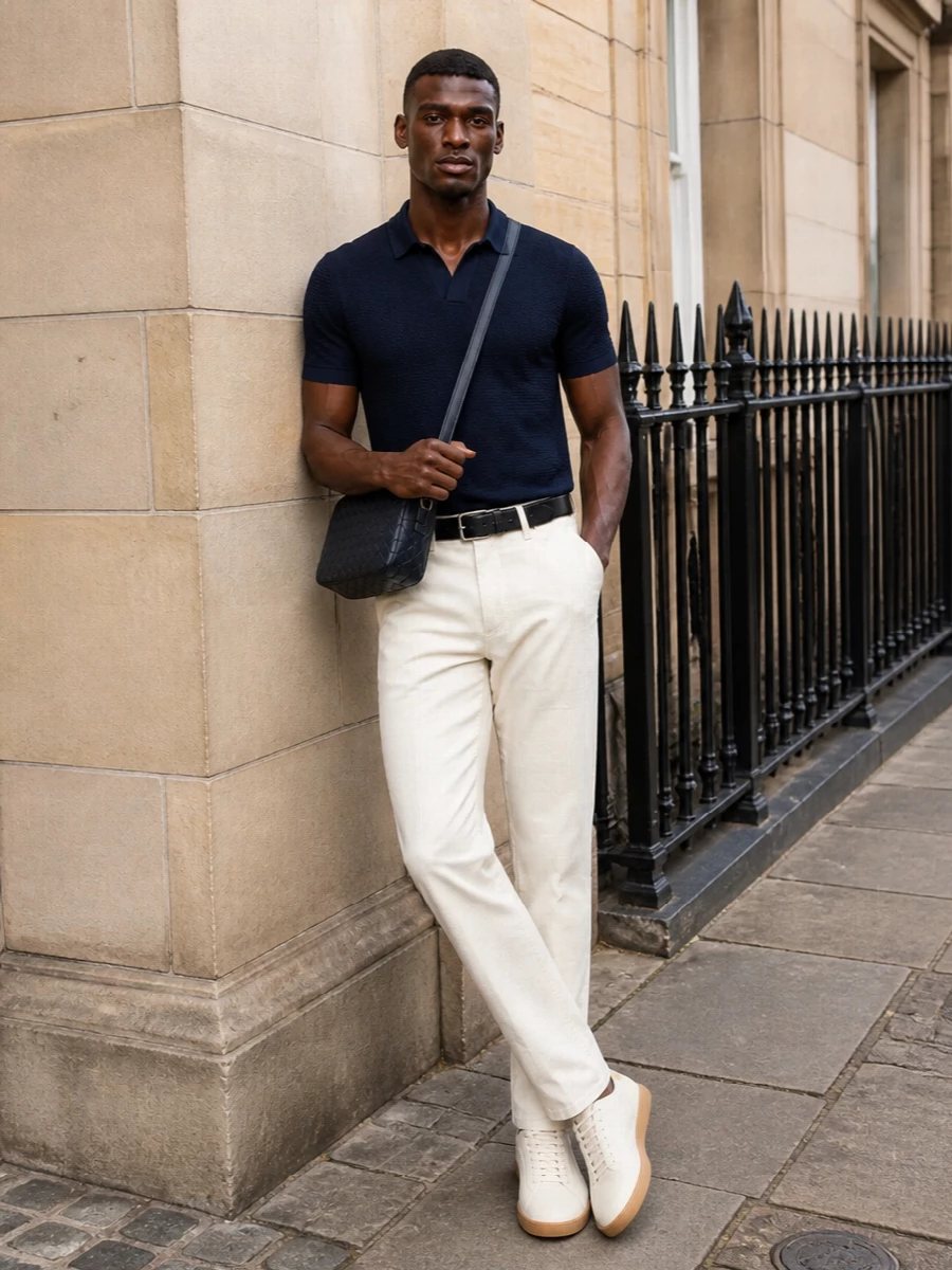 A deep navy knit polo is lifted with ivory straight-leg trousers for a clean, sunlit contrast that still feels quietly refined. Cream leather sneakers keep the silhouette relaxed yet polished, while a navy intrecciato crossbody and slim black belt introduce subtle structure and texture without breaking the minimalist line. The result is an elevated casual SS uniform that moves effortlessly from city afternoons to understated dinners.
