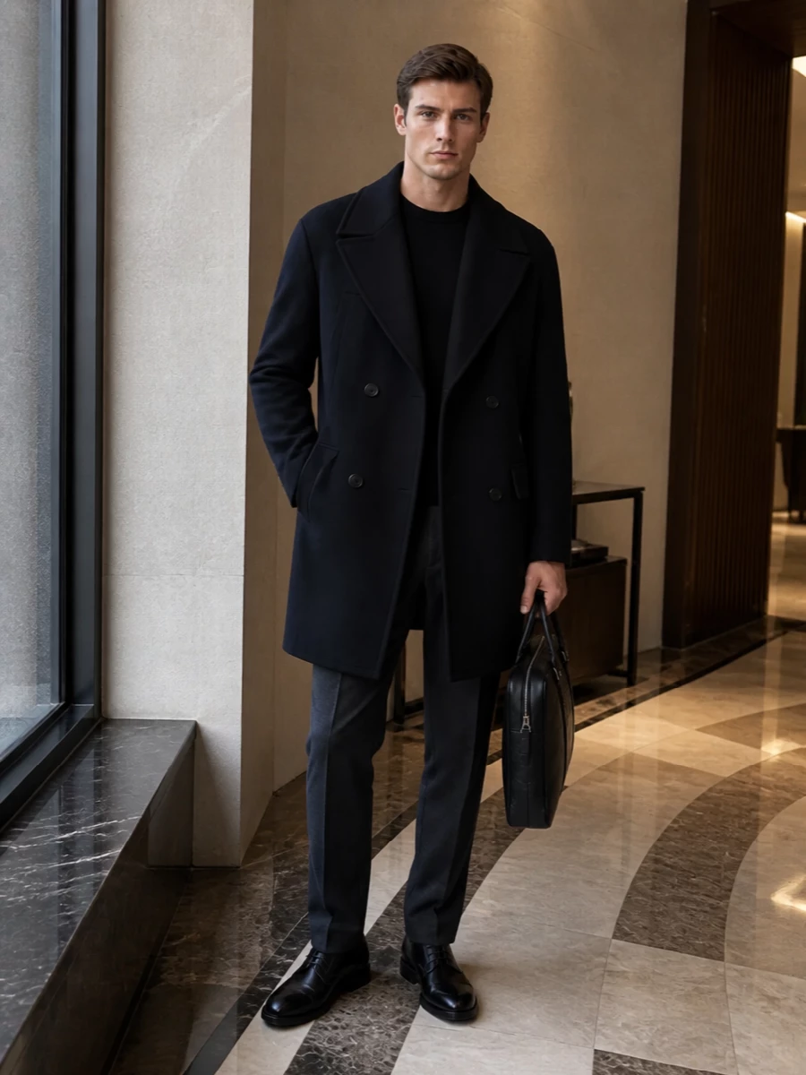 Armani black overcoat prada trousers derbies