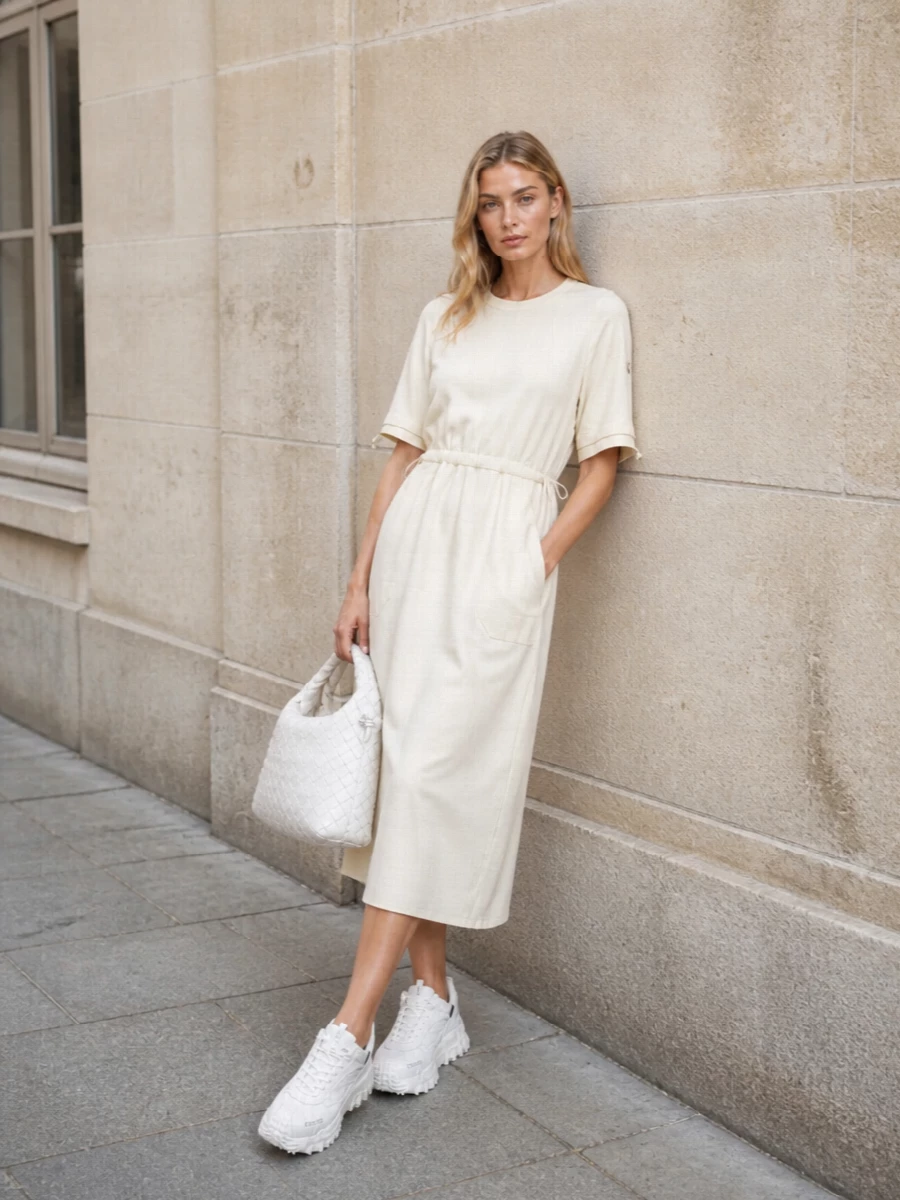Moncler sneakers ivory midi dress hobo bag